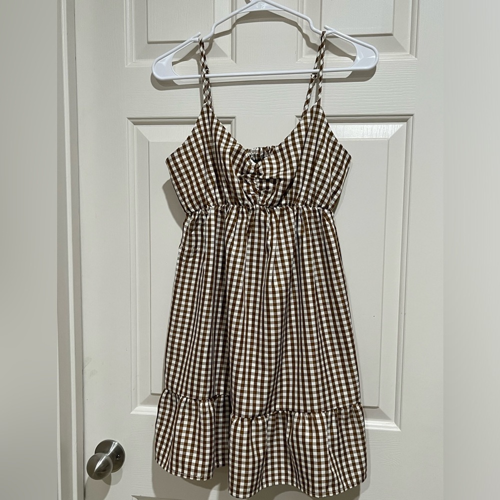 SPEECHLESS Brown and White Gingham Spaghetti Strap Sundress JUNIOR SIZE M